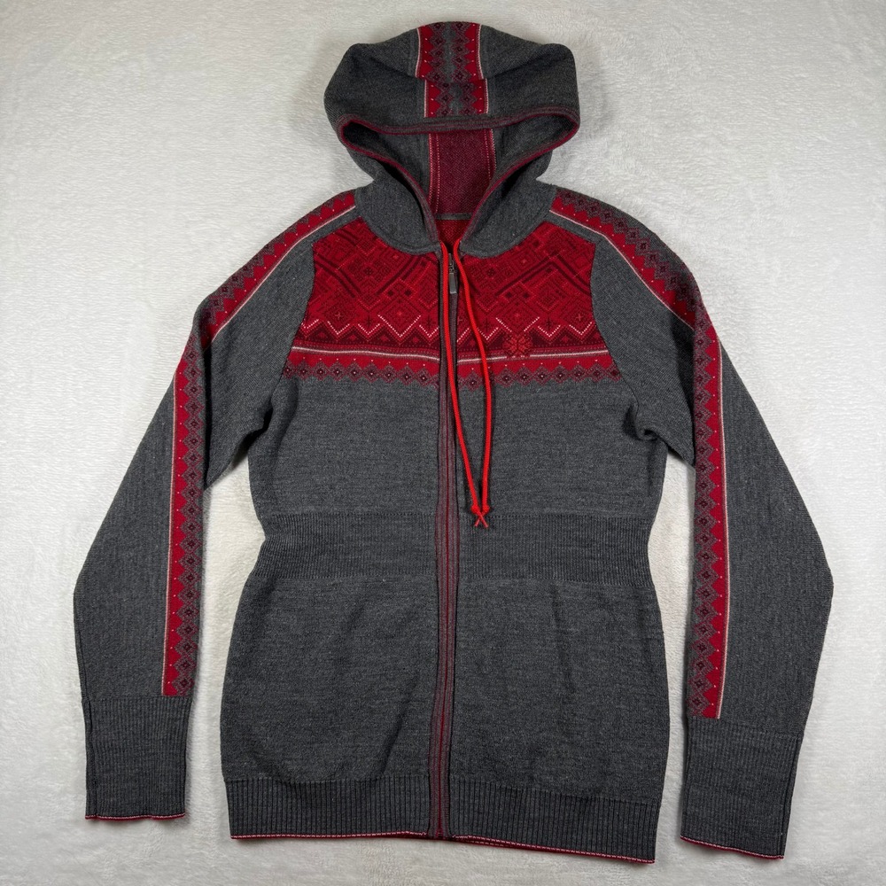 Womens Merino Wool Nordic Fair Isle Hooded Full Zip Sweater Gray Red S